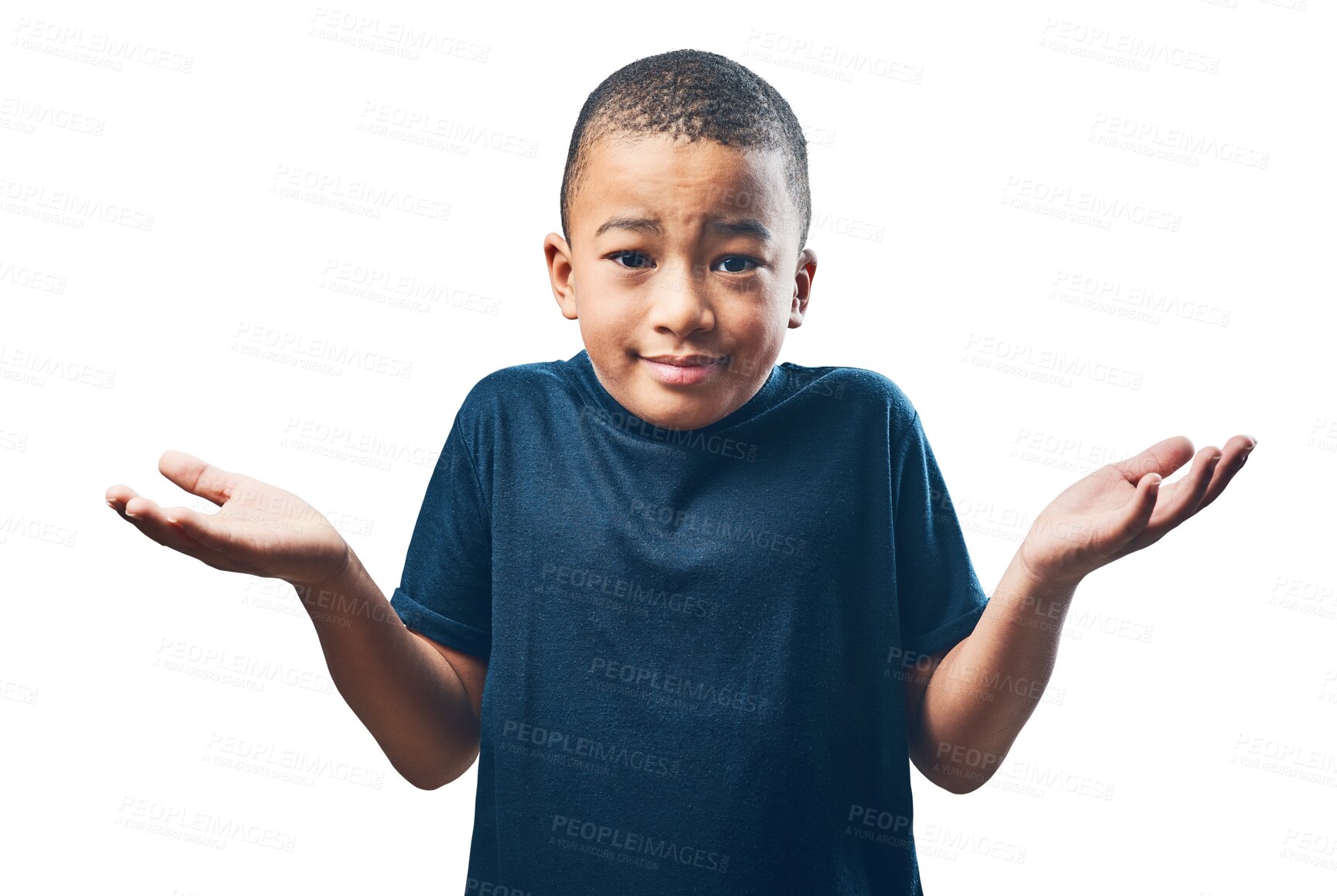 Buy stock photo Portrait, cute and boy with doubt, shrug and decision isolated against a transparent background. Face, male child and young person thinking, confused and kid with a choice, png or question with emoji