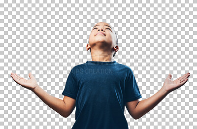 Buy stock photo Boy child, open arms and worship with praying and thank you to God isolated on png transparent background. Religion, spiritual and young male kid with gratitude, faith and prayer, praise and free