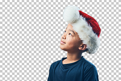 Buy stock photo Thinking, face and kid in a Christmas hat dreaming of presents, gift or festive holiday on transparent, isolated or png background. Curious, child and idea for Santa, vacation or season of giving