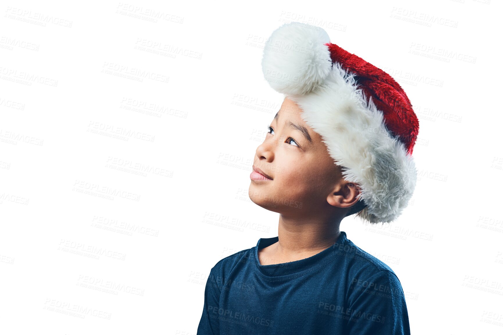 Buy stock photo Thinking, face and kid in a Christmas hat dreaming of presents, gift or festive holiday on transparent, isolated or png background. Curious, child and idea for Santa, vacation or season of giving