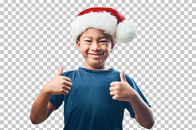 Buy stock photo Happy boy, portrait smile and Christmas with thumbs up for success isolated on a transparent PNG background. Face of child, kid or teen smiling with thumb emoji, yes sign or like and festive hat
