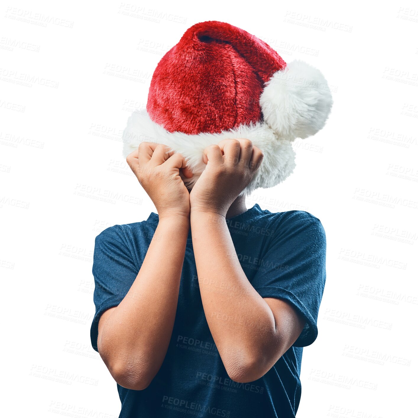 Buy stock photo Boy, Christmas and hat over face crying or hiding emotion standing isolated on a transparent PNG background. Little child, kid or teen covering head with festive red cap in sad emotional depression