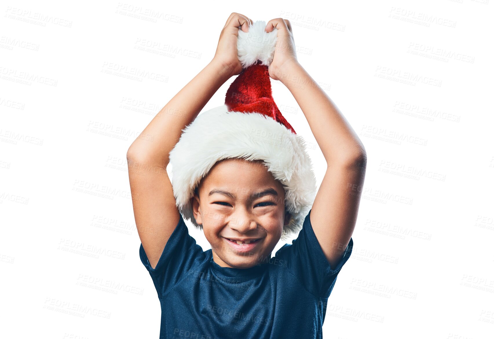 Buy stock photo Santa hat, christmas and portrait of a boy child isolated on a transparent, png background. Face of male latino kid happy for holiday celebration, festive time or tradition celebration with a smile