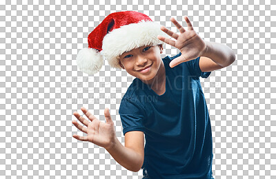 Buy stock photo Hands, portrait and child with christmas hat for festive celebration, event or party. Happy, smile and cute boy kid with santa claus accessory for xmas holiday isolated by transparent png background.