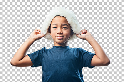 Buy stock photo Youth, portrait and boy with christmas hat for festive celebration, event or party. Happy, smile and cute child with santa claus accessory for xmas holiday isolated by a transparent png background.