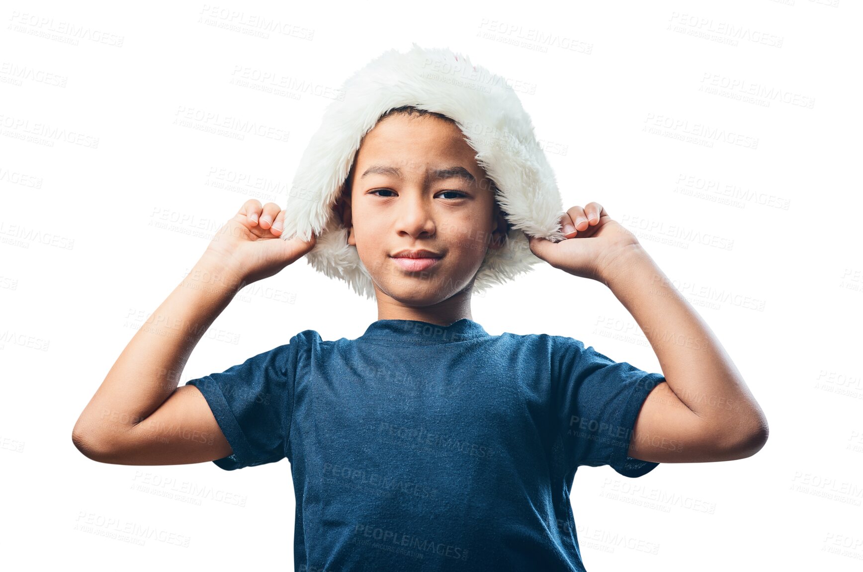 Buy stock photo Youth, portrait and boy with christmas hat for festive celebration, event or party. Happy, smile and cute child with santa claus accessory for xmas holiday isolated by a transparent png background.