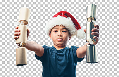 Buy stock photo Christmas, serious and crackers with portrait of child on transparent background for gift, surprise or celebration. Festive holiday, present and xmas with face of young boy isolated on png for party