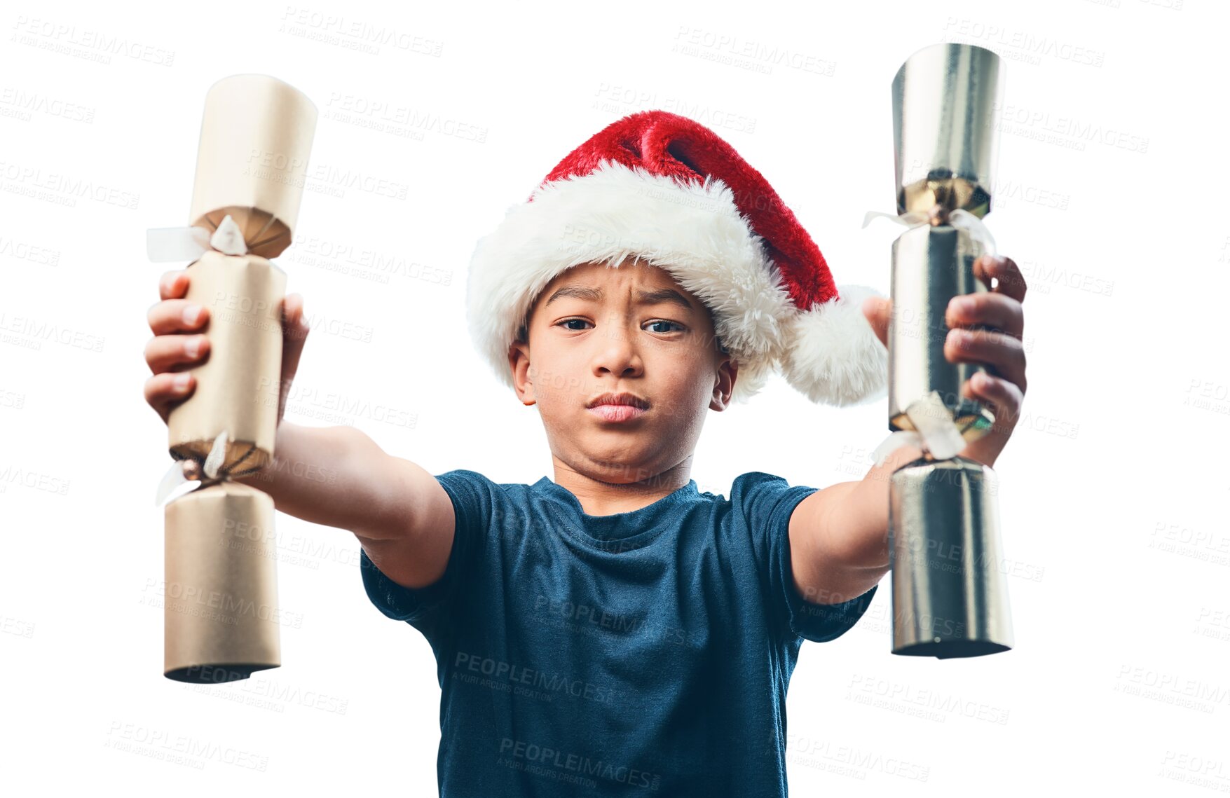 Buy stock photo Christmas, serious and crackers with portrait of child on transparent background for gift, surprise or celebration. Festive holiday, present and xmas with face of young boy isolated on png for party