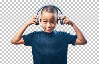 Buy stock photo Portrait, child and headphones for music isolated on a transparent png background. Face, headphone and young African kid listening to radio, podcast or audio, sound and boy streaming hip hop song.