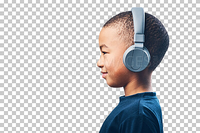 Buy stock photo Kid, profile and headphones for music isolated on a transparent png background. Radio, headphone and young african child listening to podcast, hearing song or audio, sound and boy streaming hip hop.