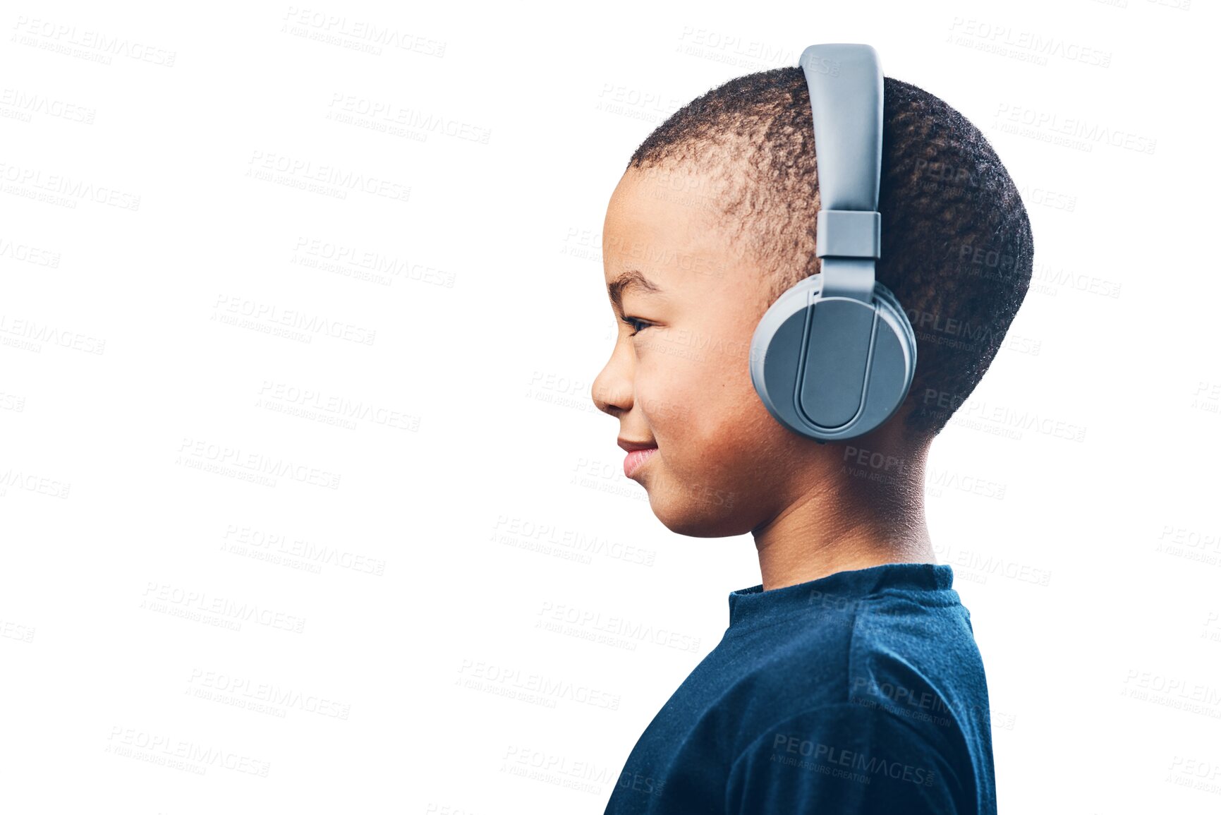 Buy stock photo Kid, profile and headphones for music isolated on a transparent png background. Radio, headphone and young african child listening to podcast, hearing song or audio, sound and boy streaming hip hop.