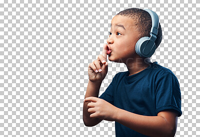 Buy stock photo Kid, headphones and finger on lips for silence, quiet or listening to music on technology on transparent, isolated or png background. Boy, face and hand on mouth to shush, mute or sign to hush