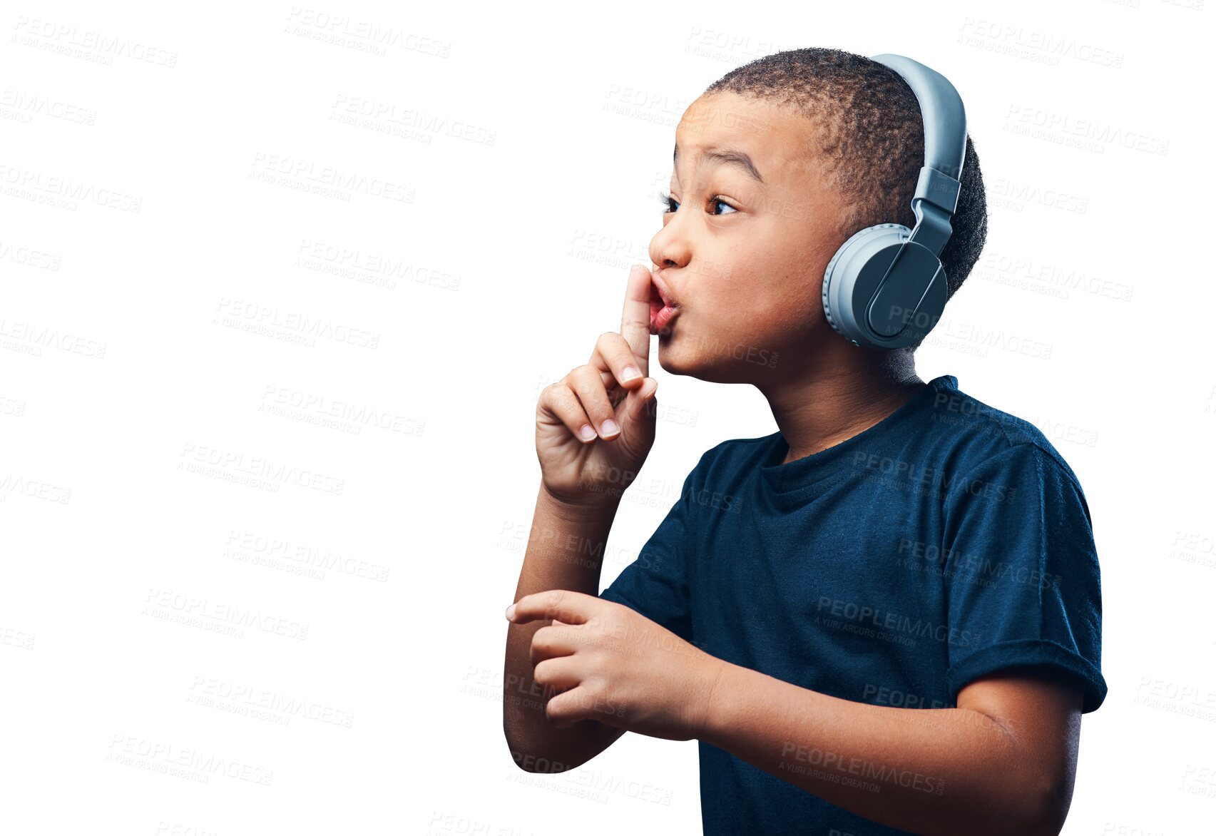 Buy stock photo Kid, headphones and finger on lips for silence, quiet or listening to music on technology on transparent, isolated or png background. Boy, face and hand on mouth to shush, mute or sign to hush