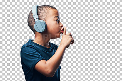 Buy stock photo Kid, headphones and finger on lips for silence, quiet or listening to music on technology on transparent, isolated or png background. Boy, face and hand on mouth to shush, calm or hear sound