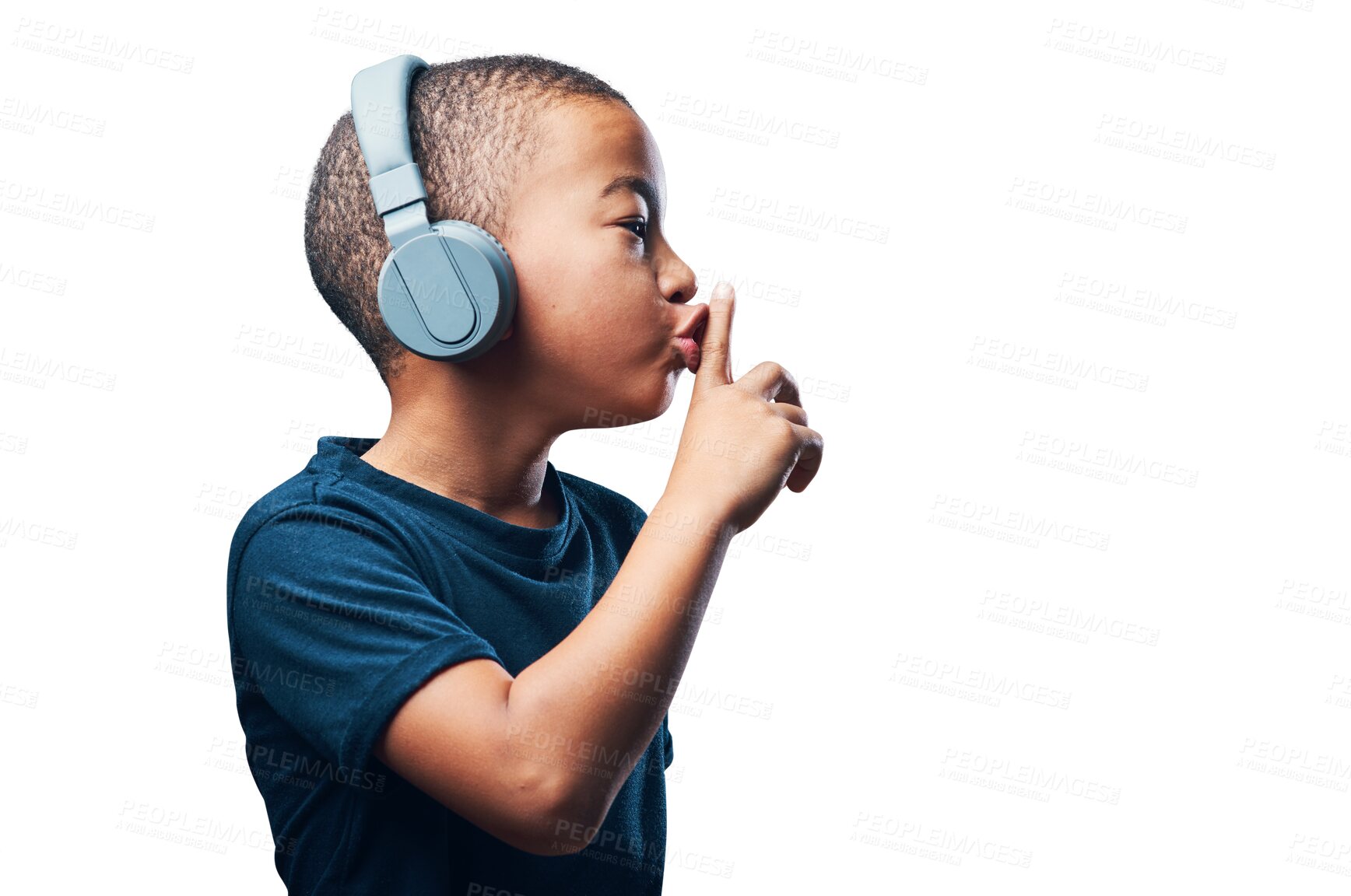 Buy stock photo Kid, headphones and finger on lips for silence, quiet or listening to music on technology on transparent, isolated or png background. Boy, face and hand on mouth to shush, calm or hear sound