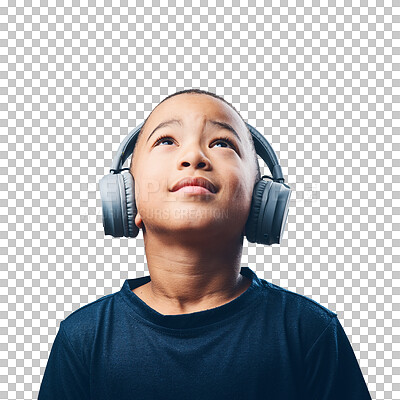 Buy stock photo Little boy, headphones and thinking listening to music standing isolated on a transparent PNG background. Face of child, kid or teen looking up with headset for audio, sound or enjoying song playlist