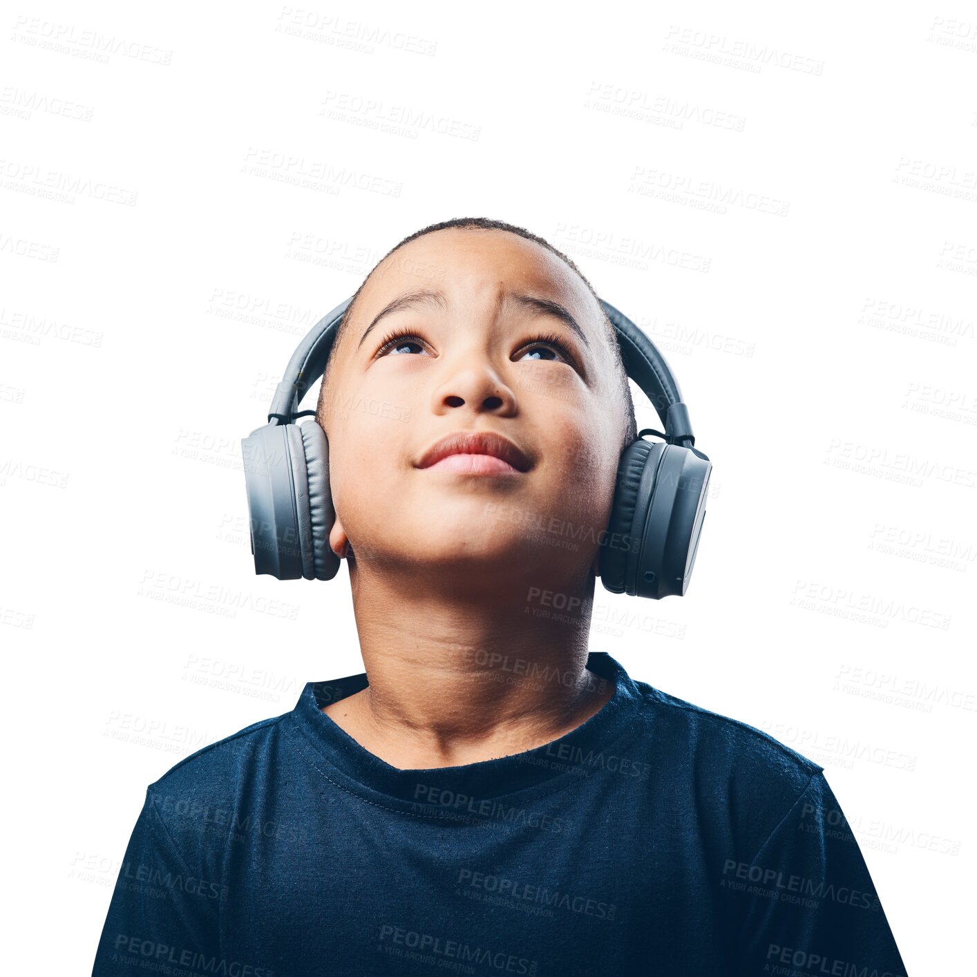 Buy stock photo Little boy, headphones and thinking listening to music standing isolated on a transparent PNG background. Face of child, kid or teen looking up with headset for audio, sound or enjoying song playlist