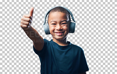 Buy stock photo Thumbs up, headphones and child portrait listening to music, radio or streaming service with like, subscribe or thanks sign. Yes and okay hand of boy with audio isolated on transparent png background