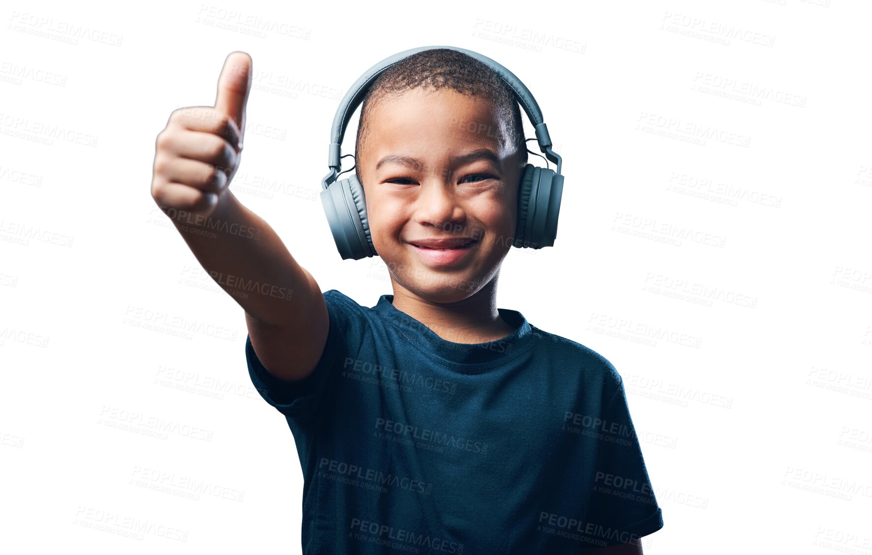 Buy stock photo Thumbs up, headphones and child portrait listening to music, radio or streaming service with like, subscribe or thanks sign. Yes and okay hand of boy with audio isolated on transparent png background