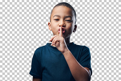 Buy stock photo Boy with finger to lips, secret and confidential in portrait with hand gesture isolated on transparent png background. Silent emoji, quiet sign and privacy of young male child with gossip and whisper