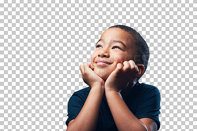 Buy stock photo Happy boy is thinking, dream and wonder with inspiration and imagine isolated on transparent png background. Thoughtful, daydreaming and young male child remember memory, hope and smile for vision