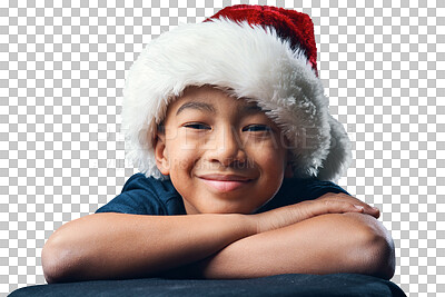 Buy stock photo Christmas, santa hat and happy portrait of a child isolated on a transparent, png background. Face or headshot of latino kid smile for holiday celebration, festive event and celebrate happiness