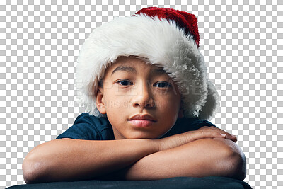 Buy stock photo Sad Christmas, Santa hat and face of a child isolated on transparent, png background. Portrait of latino boy or kid unhappy about holiday celebration or festive break for lonely, orphan or depressed