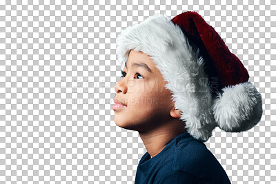 Buy stock photo Face, thinking and kid in a Christmas hat dreaming of xmas gift or festive holiday on transparent, isolated or png background. Curious, child and idea for Santa, vacation or ready for season