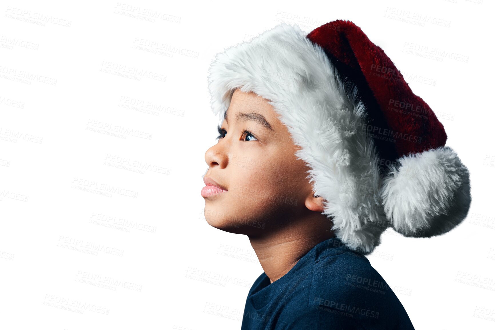 Buy stock photo Face, thinking and kid in a Christmas hat dreaming of xmas gift or festive holiday on transparent, isolated or png background. Curious, child and idea for Santa, vacation or ready for season
