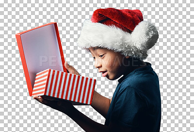 Buy stock photo Isolated boy, Christmas surprise and gift box, wish or happy festive holiday event by transparent png background. Young male kid, xmas fashion or hat with wow for present, package and open at party