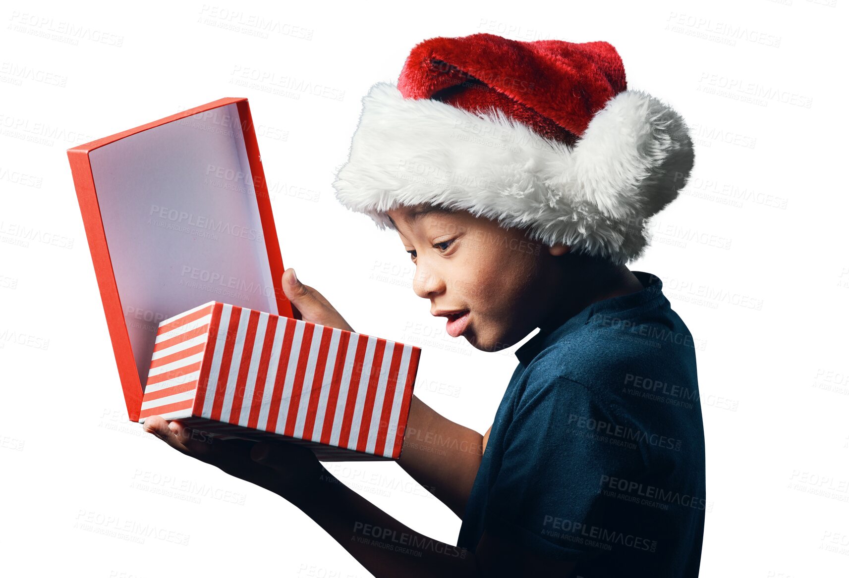 Buy stock photo Isolated boy, Christmas surprise and gift box, wish or happy festive holiday event by transparent png background. Young male kid, xmas fashion or hat with wow for present, package and open at party