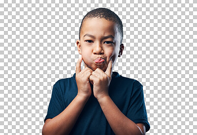 Buy stock photo Isolated African boy, child and funny face in portrait with fingers, comic and transparent png background. Young black male, kid and pout lips for joke, comedy or crazy with playful facial expression