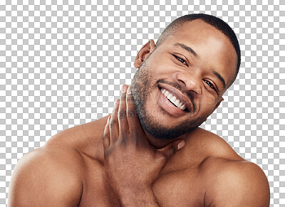 Buy stock photo Black man, smile in portrait with beauty and face, skincare and grooming isolated on transparent png background. Natural cosmetics, dermatology and healthy skin, male model and hygiene with self care