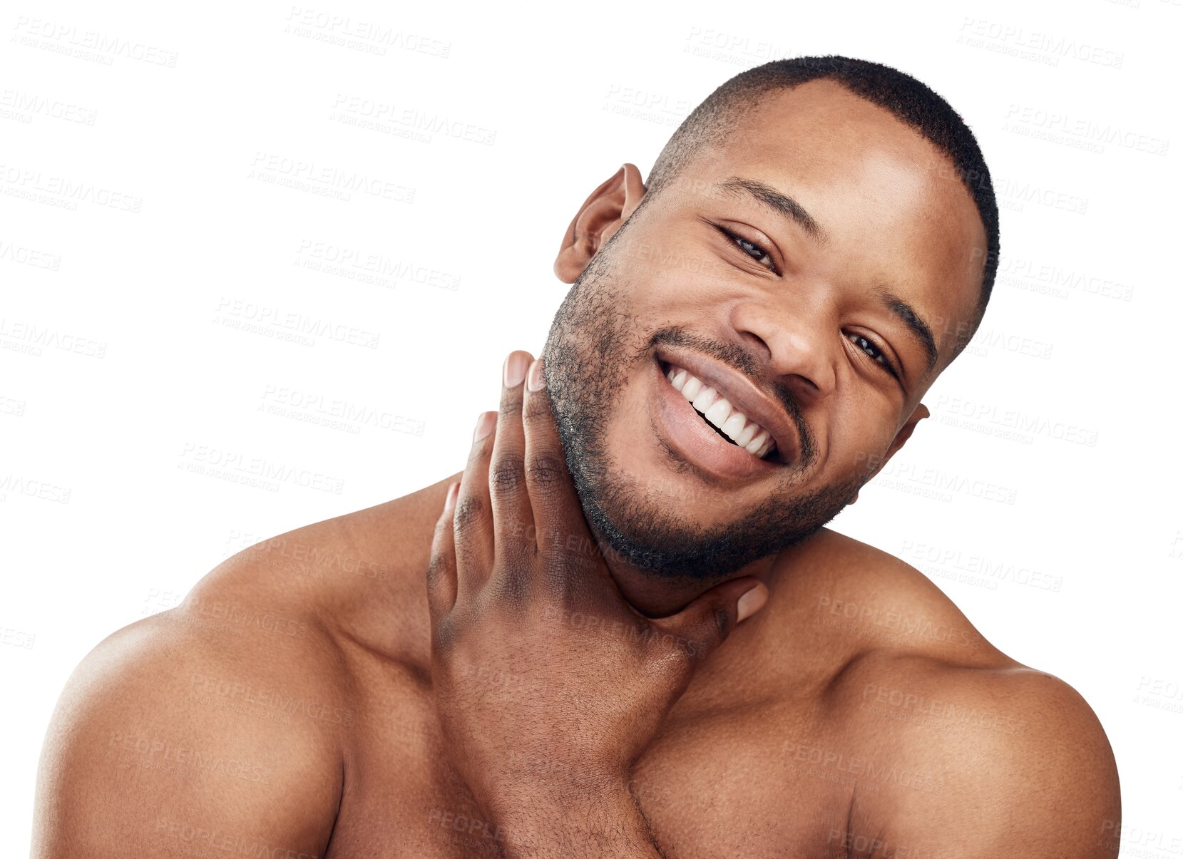 Buy stock photo Black man, smile in portrait with beauty and face, skincare and grooming isolated on transparent png background. Natural cosmetics, dermatology and healthy skin, male model and hygiene with self care