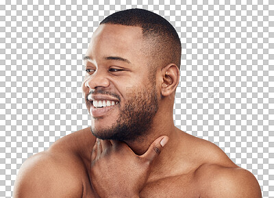 Buy stock photo Black man, beauty and face, skincare and grooming with natural cosmetics isolated on transparent png background. Dermatology, clean skin with happy, male model and hygiene with self care and smile