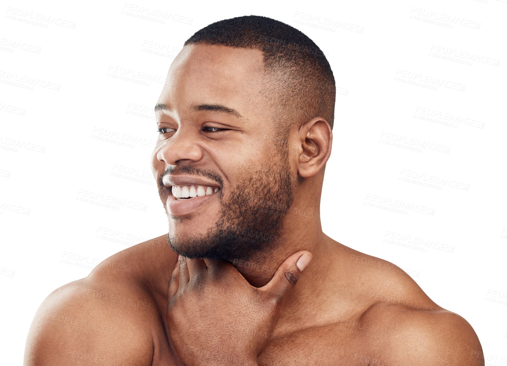 Buy stock photo Black man, beauty and face, skincare and grooming with natural cosmetics isolated on transparent png background. Dermatology, clean skin with happy, male model and hygiene with self care and smile