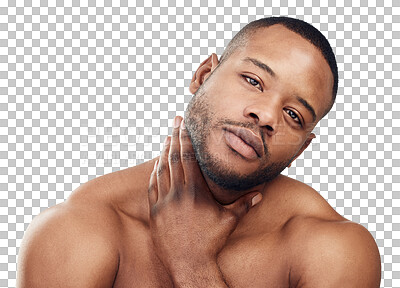 Buy stock photo Black man, portrait with beauty and face, skincare and grooming isolated on transparent png background. Natural cosmetics, dermatology and healthy clean skin of male model, hygiene and self care