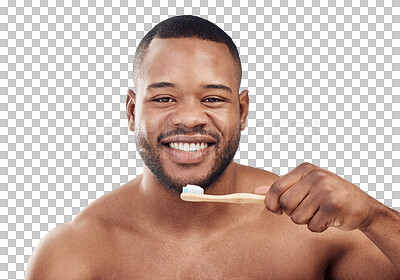 Buy stock photo Dental, portrait and brushing of teeth of black man on transparent background for beauty, cleaning and morning. Health, wellness and smile with person, toothbrush and isolated on png for oral hygiene