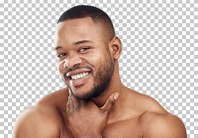 Buy stock photo Black man, happy in portrait with beauty and skincare, natural cosmetics and grooming isolated on transparent png background. Face, smile and dermatology with healthy skin, male model and hygiene