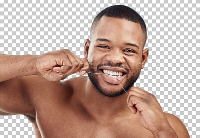 Buy stock photo Isolated african man, dental floss and portrait with smile, wellness and cosmetic by transparent png background. Young black guy, cleaning mouth and self care for teeth whitening, hygiene or health