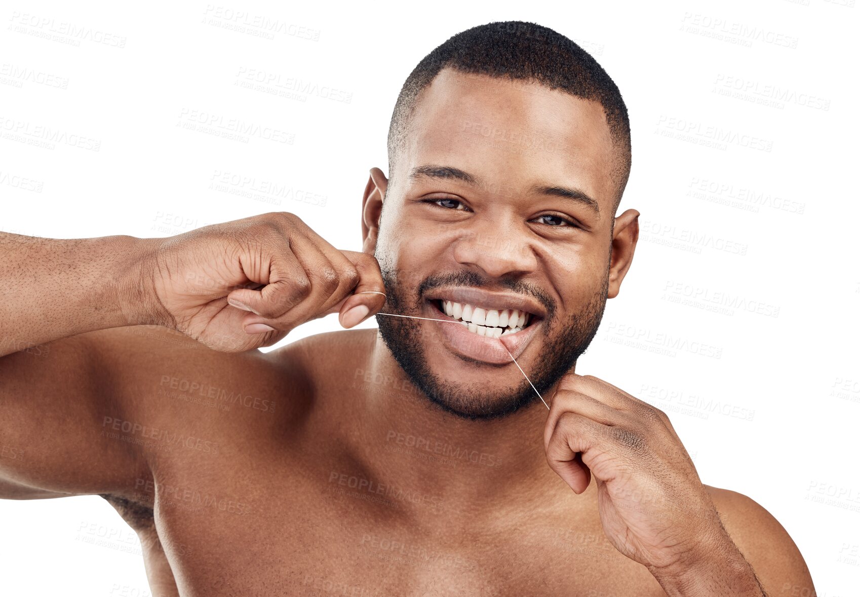 Buy stock photo Isolated african man, dental floss and portrait with smile, wellness and cosmetic by transparent png background. Young black guy, cleaning mouth and self care for teeth whitening, hygiene or health