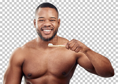 Buy stock photo Dental, brushing teeth and toothbrush with portrait of black man on transparent background for beauty, cleaning and morning. Health, wellness and smile with person isolated on png for oral hygiene