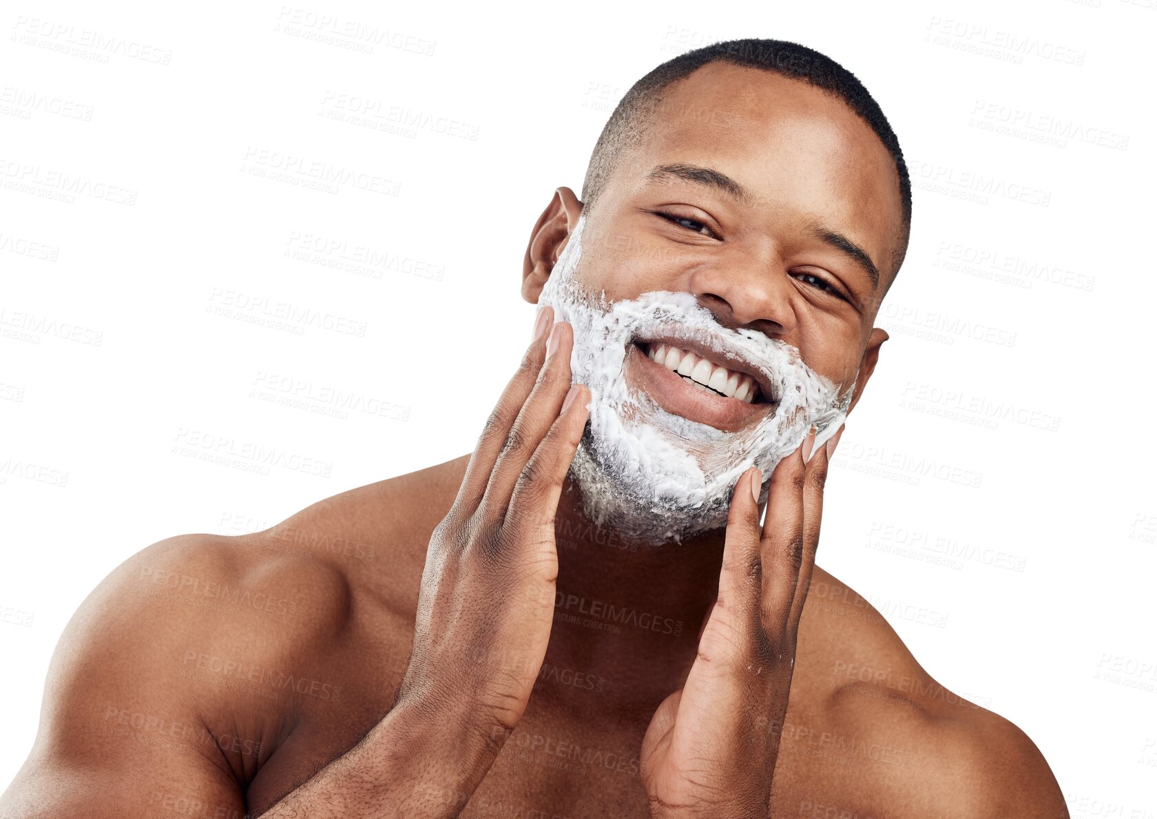 Buy stock photo Portrait, man and shaving cream on face for skincare, grooming or morning routine on transparent, isolated or png background, Shave, beard and male model with product for facial treatment or beauty