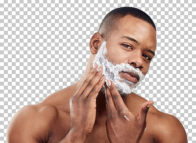 Buy stock photo Black man, portrait and shaving cream on face for skincare, grooming or morning routine on transparent, isolated or png background, Shave, beard and male model with product for facial treatment
