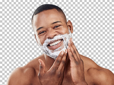Buy stock photo Portrait, black man and shaving cream on face for skincare, grooming or morning routine on transparent, isolated or png background, Shave, beard and happy male model with product for facial care