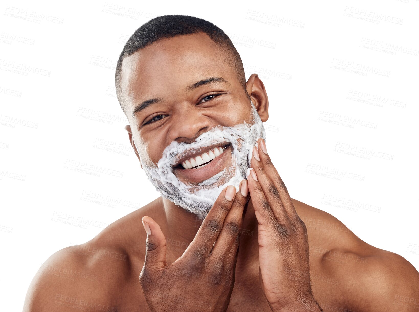 Buy stock photo Portrait, black man and shaving cream on face for skincare, grooming or morning routine on transparent, isolated or png background, Shave, beard and happy male model with product for facial care