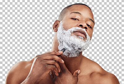 Buy stock photo Black man, portrait or shaving beard for skincare wellness isolated on transparent png background. Face, facial hair removal or person with razor product or cream for self care with cosmetics beauty