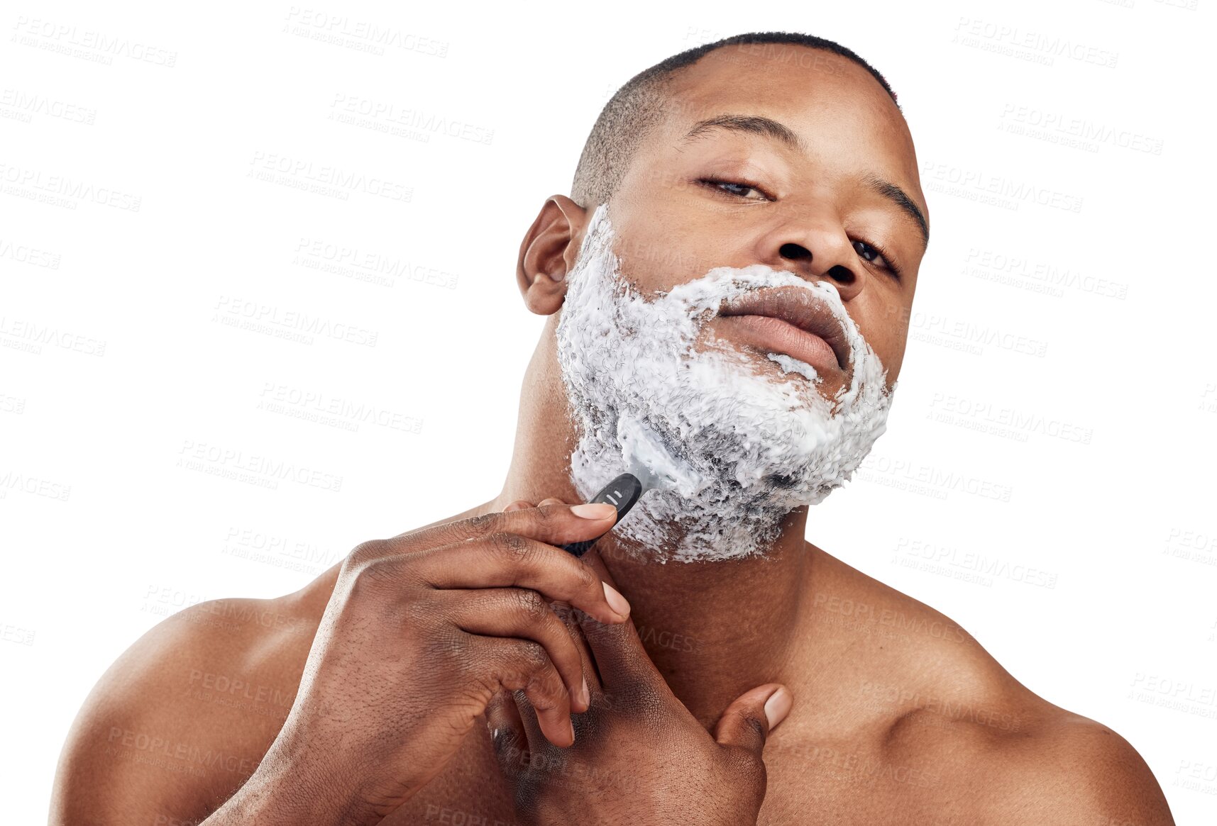 Buy stock photo Black man, portrait or shaving beard for skincare wellness isolated on transparent png background. Face, facial hair removal or person with razor product or cream for self care with cosmetics beauty