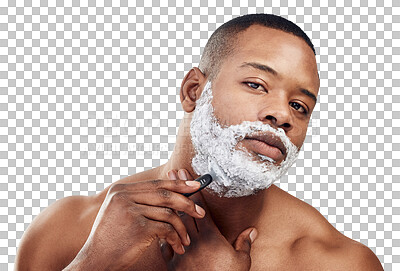 Buy stock photo Black man, portrait or shaving beard, foam and beauty of wellness isolated on transparent png background. Face, hair removal and person with cream for self love and cleaning with skincare cosmetics 