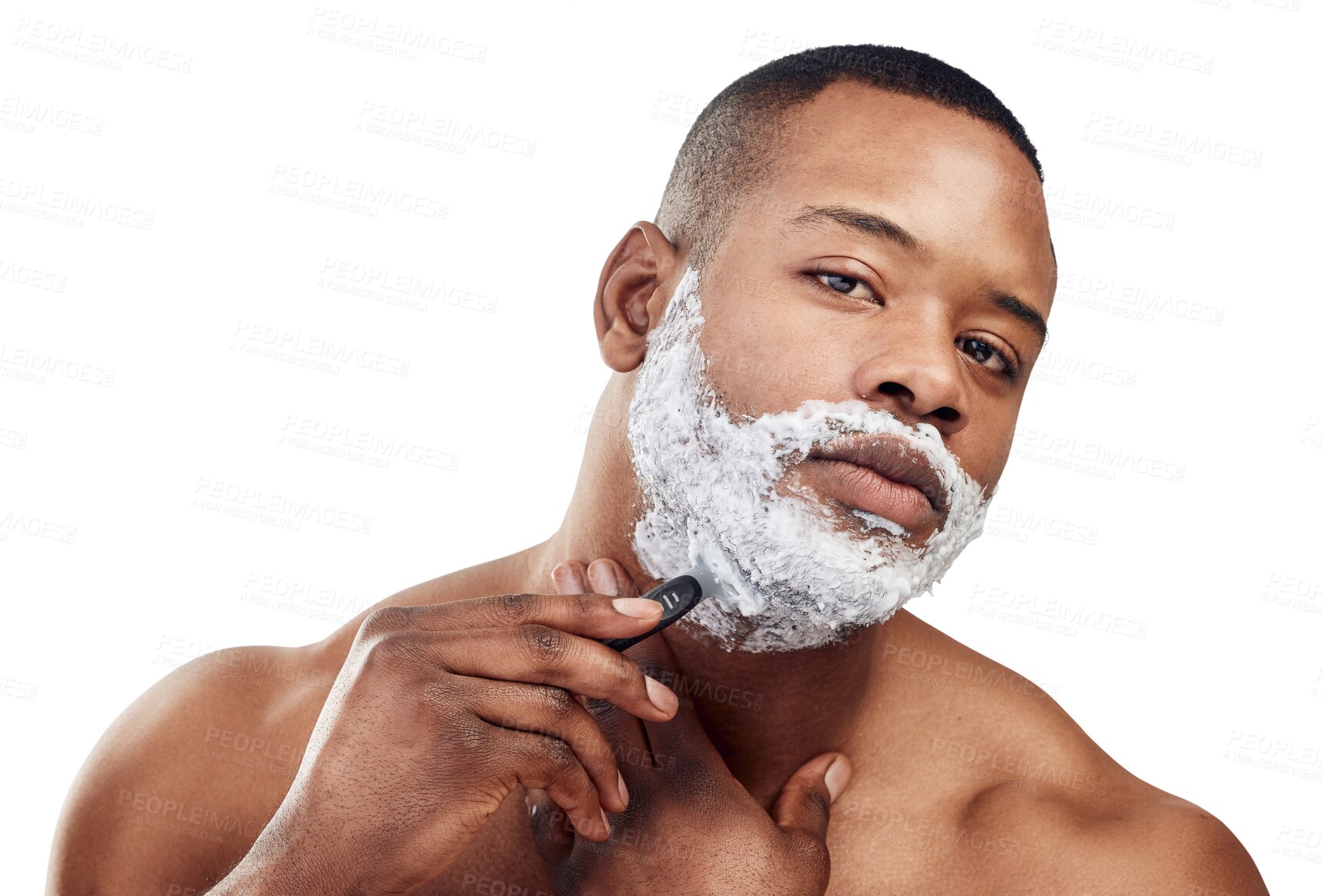 Buy stock photo Black man, portrait or shaving beard, foam and beauty of wellness isolated on transparent png background. Face, hair removal and person with cream for self love and cleaning with skincare cosmetics 